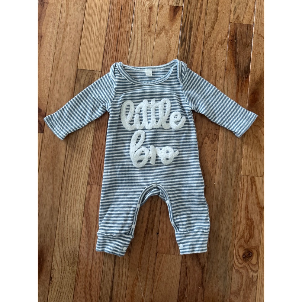 Little Bro Striped Long Sleeve Romper Blue White Newborn Ribbed Knit Snaps